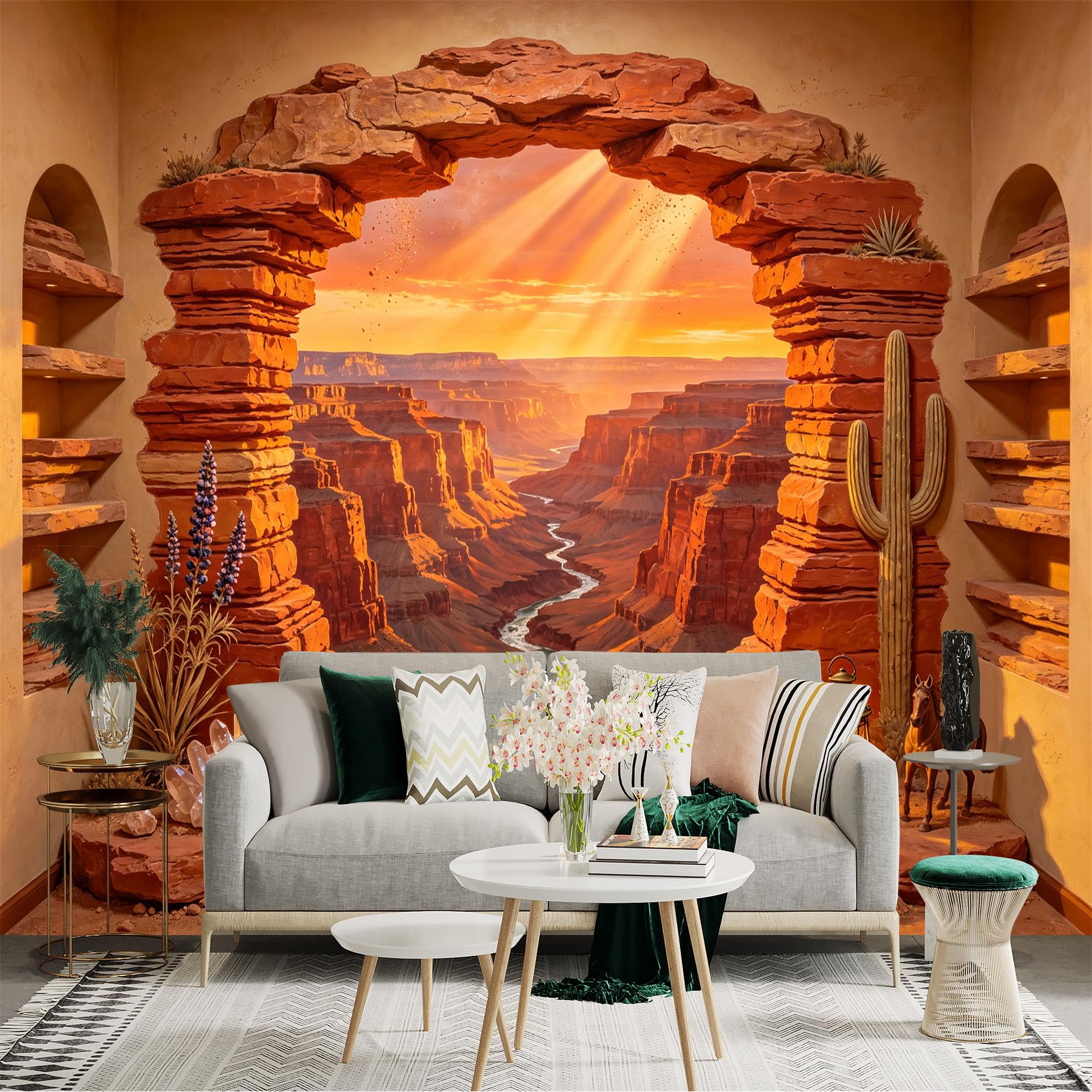 Custom Size Wall Sticker Mural， Desert Canyon Sunset， Rocky Arch and River Valley Landscape， for wall Decoration， peelandstick wall Decals.