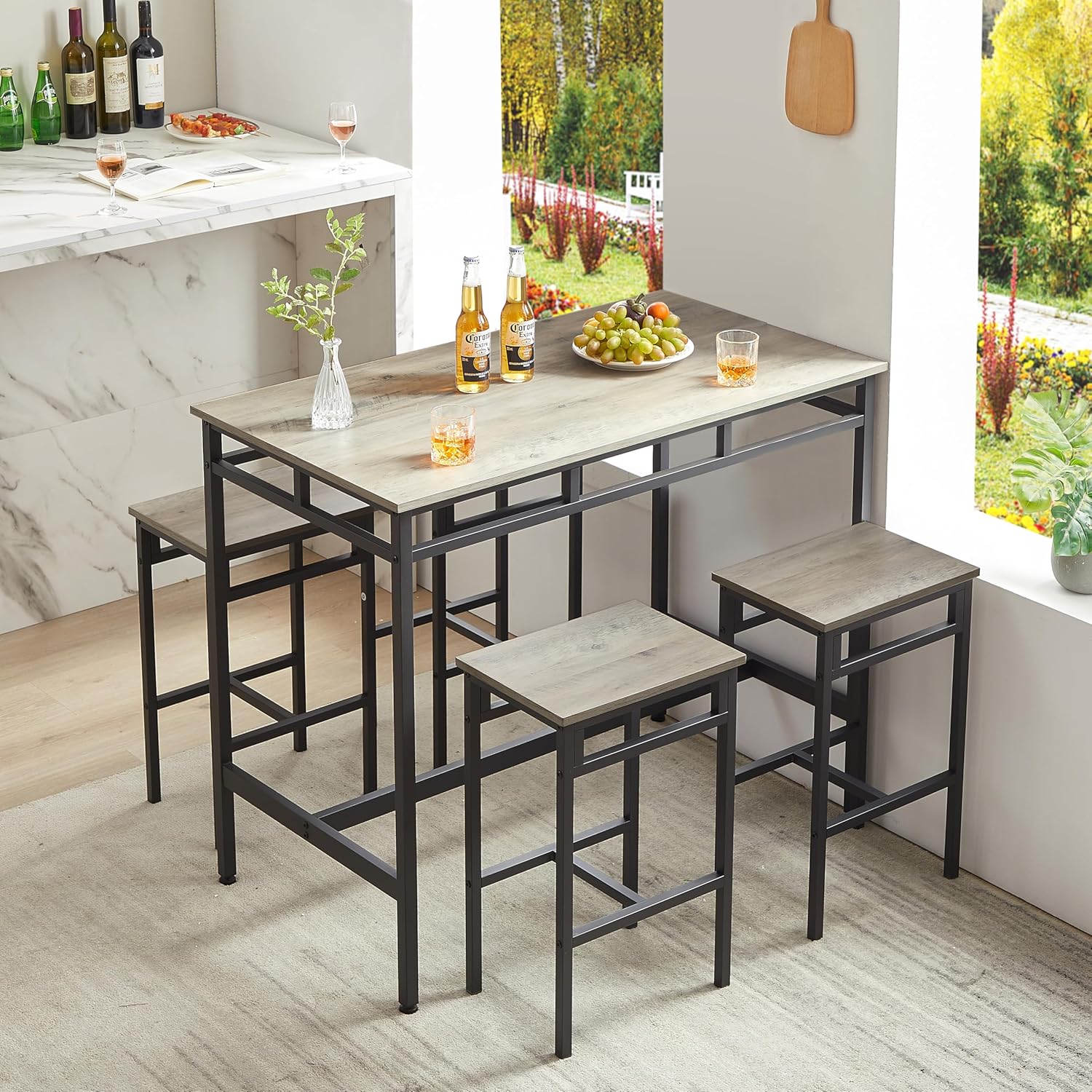 3 Piece Round Bar Stool Set with Storage Shelves, Small Counter Height Dining Sets with 2 Stools, for Bistro Pub, Breakfast Nook, Kitchen Restaurant Dinette, Rustic Brown