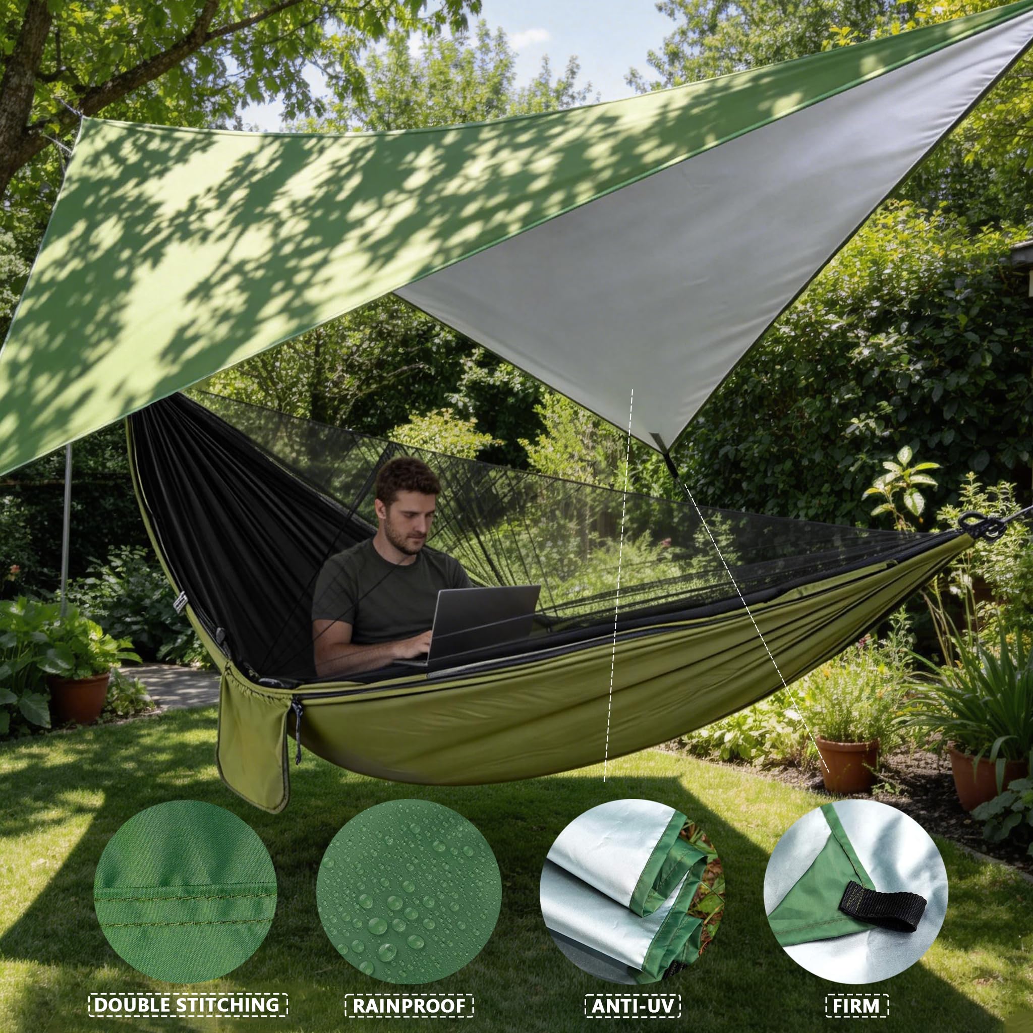 Hamac Camping Avec Moustiquaire - COVACURE - 2 Sangles, Portable, Léger, Vert Armée
