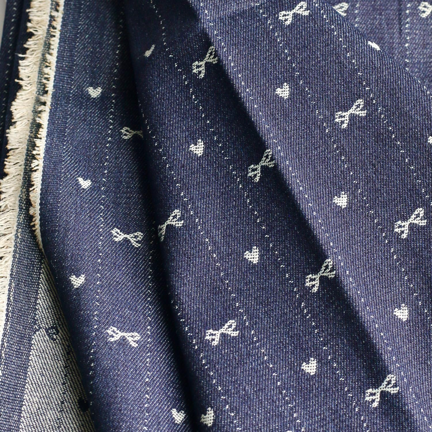 10oz Indigo Unwashed Denim Fabric | 70" Wide (340gsm) Non-Stretch Cotton | Jacquard Bow Heart Woven Pattern, Pre-Cut Yardage (3 Yard pre Cut)