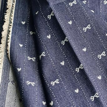 10oz Indigo Unwashed Denim Fabric | 70 Wide (340gsm) Non-Stretch Cotton | Jacquard Bow Heart Woven Pattern, Pre-Cut Yardage (Cut by The Yard)