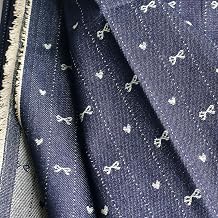 10oz Indigo Unwashed Denim Fabric | 70" Wide 340gsm Non-Stretch Cotton | Jacquard Bow Heart Woven Pattern, Pre-Cut Yardage Cut by The Yard