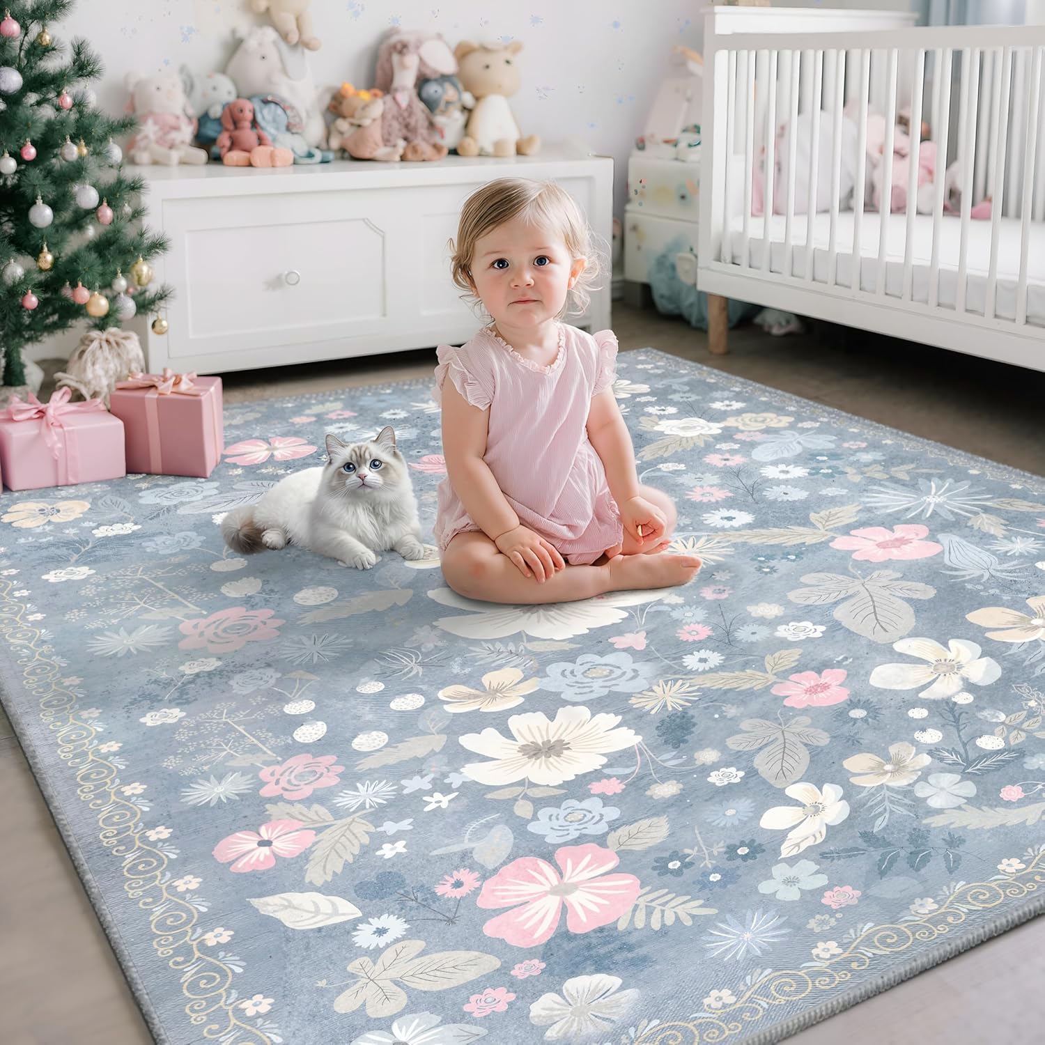 Blue 5x7 Area Rugs for Living Room Washable Soft Faux Fur Elegant Vintage Rugs Boho Floral Non Slip Stain Resistant Sound Absorbing Low Pile Carpet Rug for Bedroom Dining Room Nursery