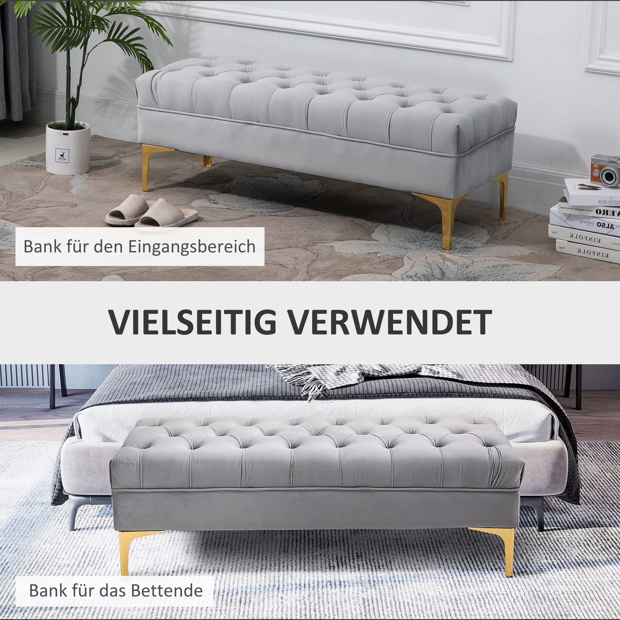 HOMCOM Sitzbank Polsterbank mit Samt-Bezug Bettbank mit Metallrahmen, Schuhbank für Schlafzimmer, Wohnzimmer, Flur 118 x 45 x 42 cm Hellgrau