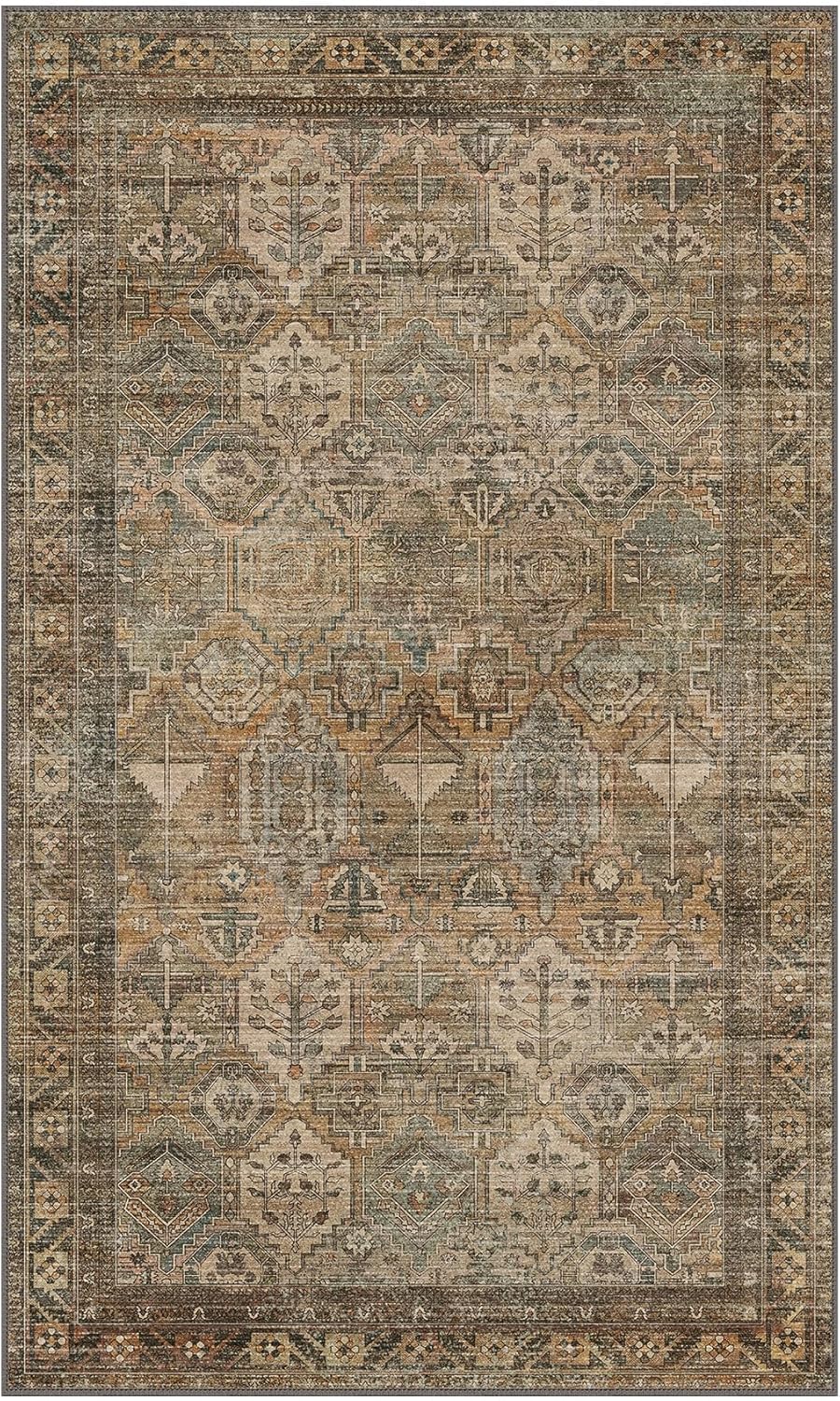 Bavni Washable Rug 3x5 Area Rug for Living Room Bedroom Dining, Washable Vintage Print Carpet, Ultra-Thin Chenille Low Pile Lightweight Rug with Non Slip Backing, Warm Taupe