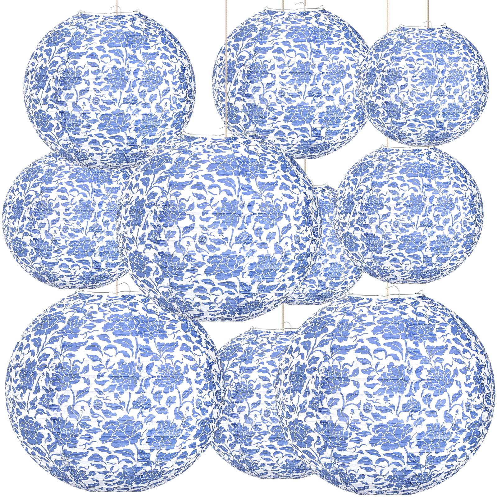 12 Pcs Chinoiserie Paper Lantern Set 10 Inches Wedding Blue And White  Decoration Ceiling Birthday Party, image size:1600x1600
