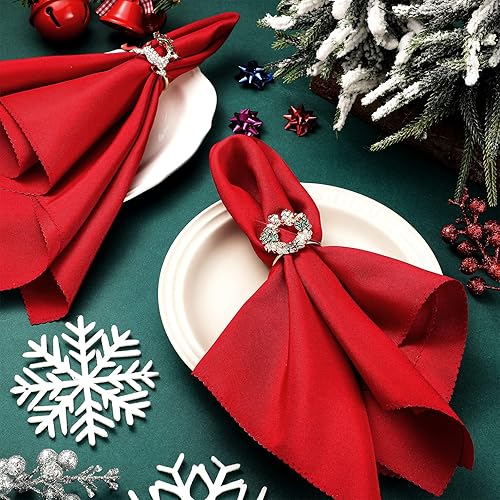 Miniatura 4 de Juego de 24 servilletas y anillos de Navidad, 12 servilletas de Navidad lavables de color rojo y 12 servilleteros de Navidad para cenas navideñas