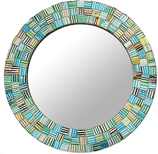 NOVICA Green and Teal Glass Mosaic Wood Framed Round Wall Mounted Mirror...