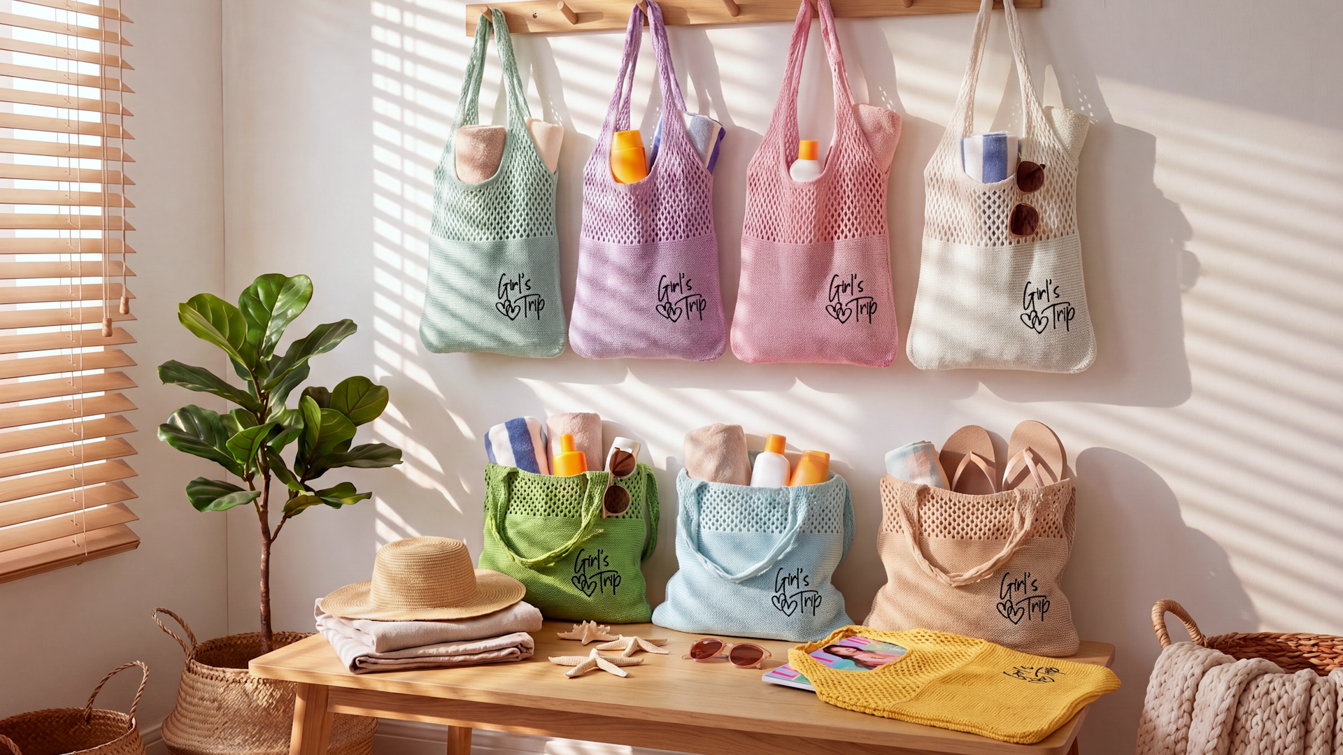Patelai 4 Piezas Bolsas Tote de Malla Bordadas para Playa miniatura 7