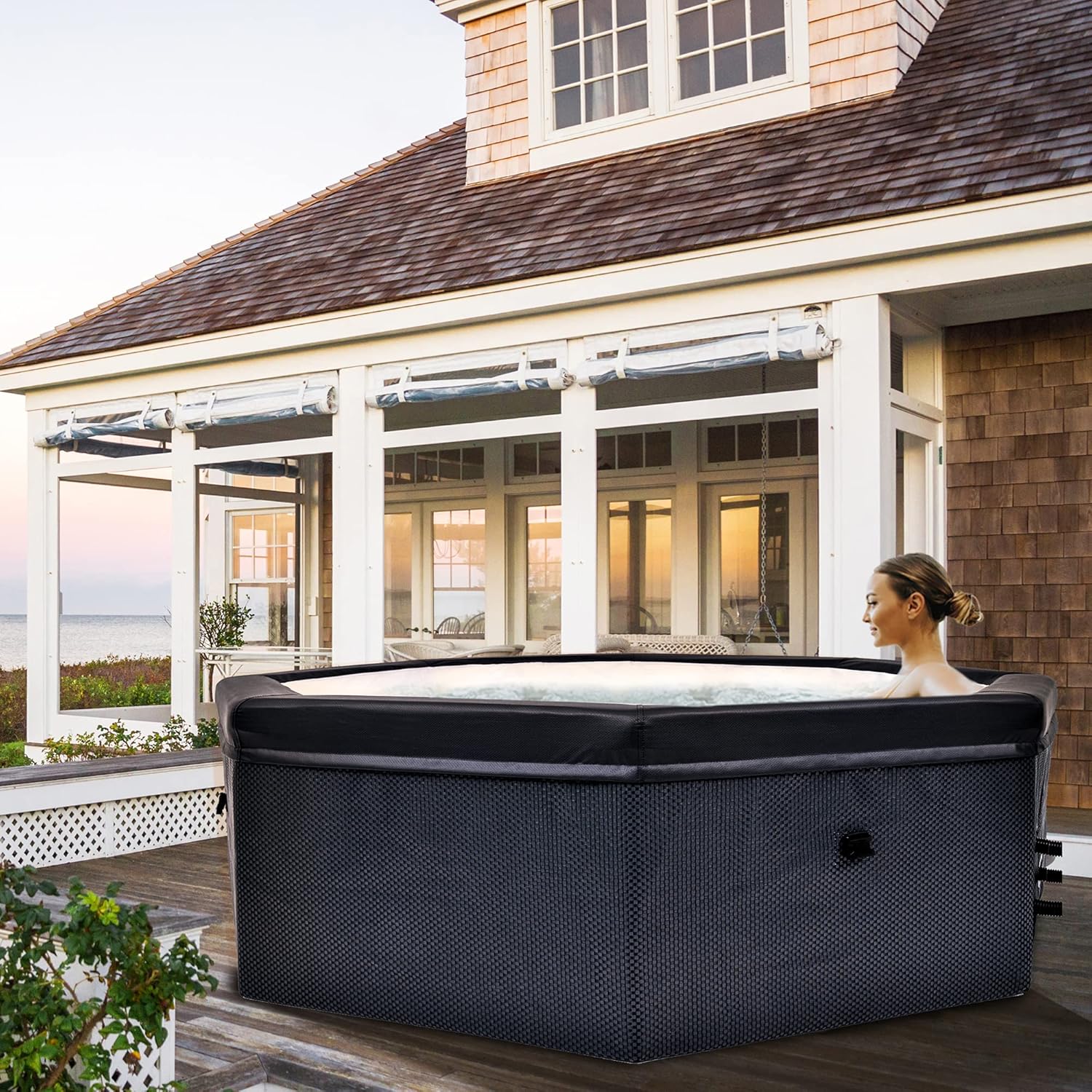 Woman relaxing in the hot tub spa outdoors