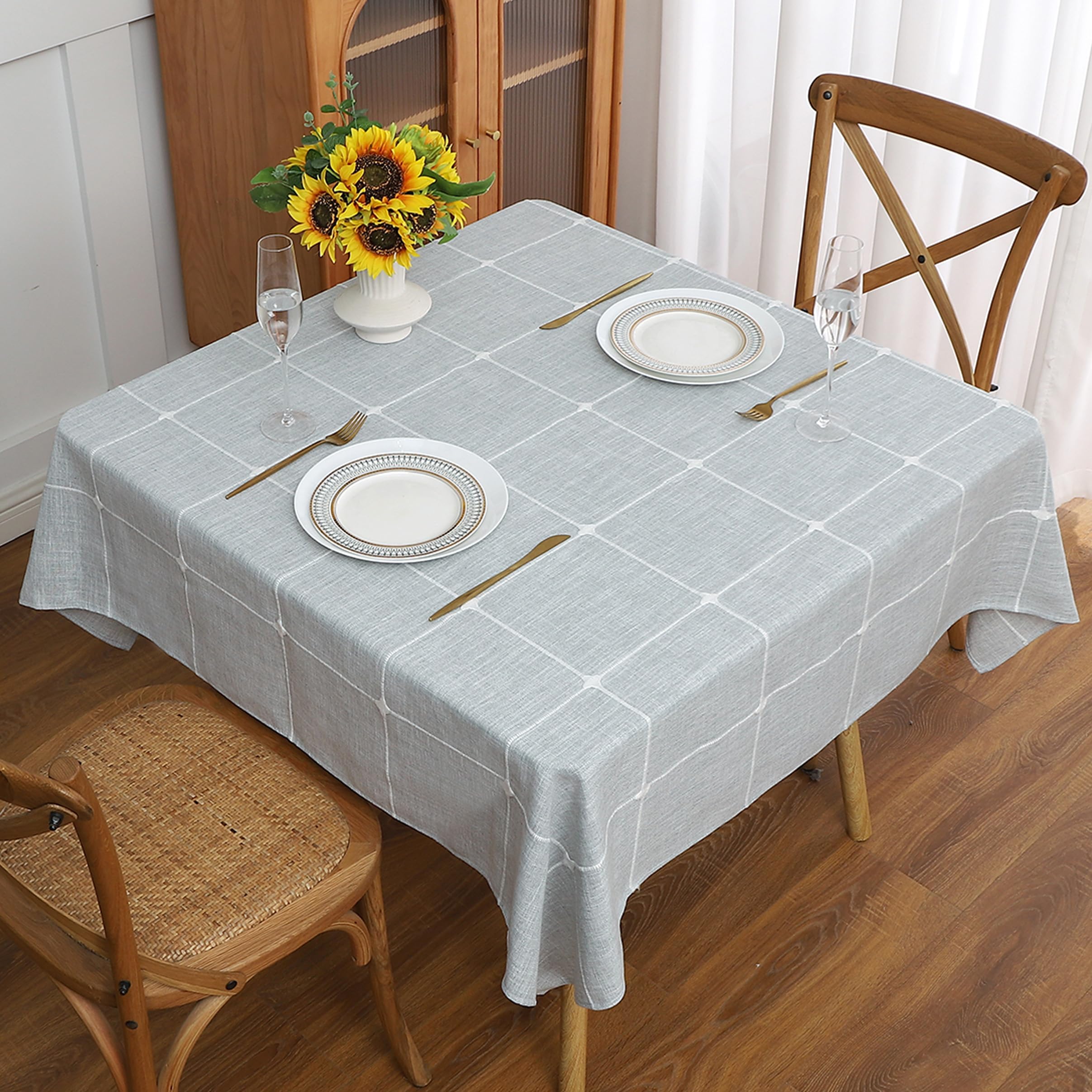 Gernaice Plaid 70x70 Inch Square Tablecloth, Farmhouse Embroidered Fabric Checkered Table Cloth, Dust Proof Wrinkle Free Washable Table Cover for
