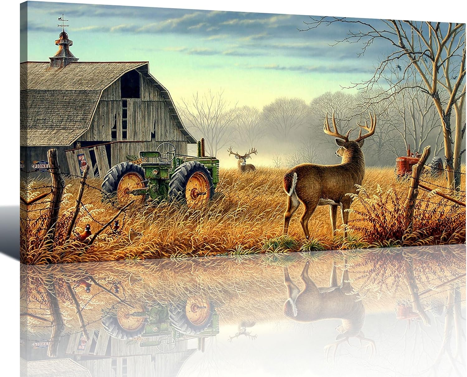 Large Deer Wall Art for Living Room Canvas Prints Decor Decoration Country Tractor Rustic Wildlife Cabin Hunting Picture Glass Surface Artwork Ready to Hang for Bedroom Home Office 24x48 24X48 Yellow-brown