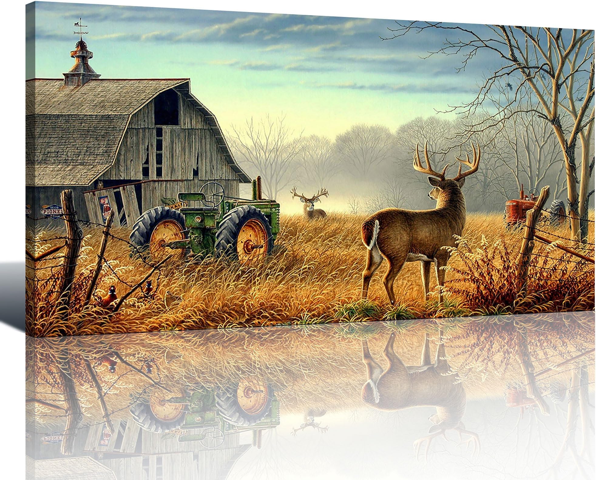 Wijotavic Deer Wall Art for Living Room Canvas Prints Decor Decoration Deer Tractor Farm Wildlife Hunting Picture Glass Surface Artwork Ready to Hang for Bedroom Home Office 20x40