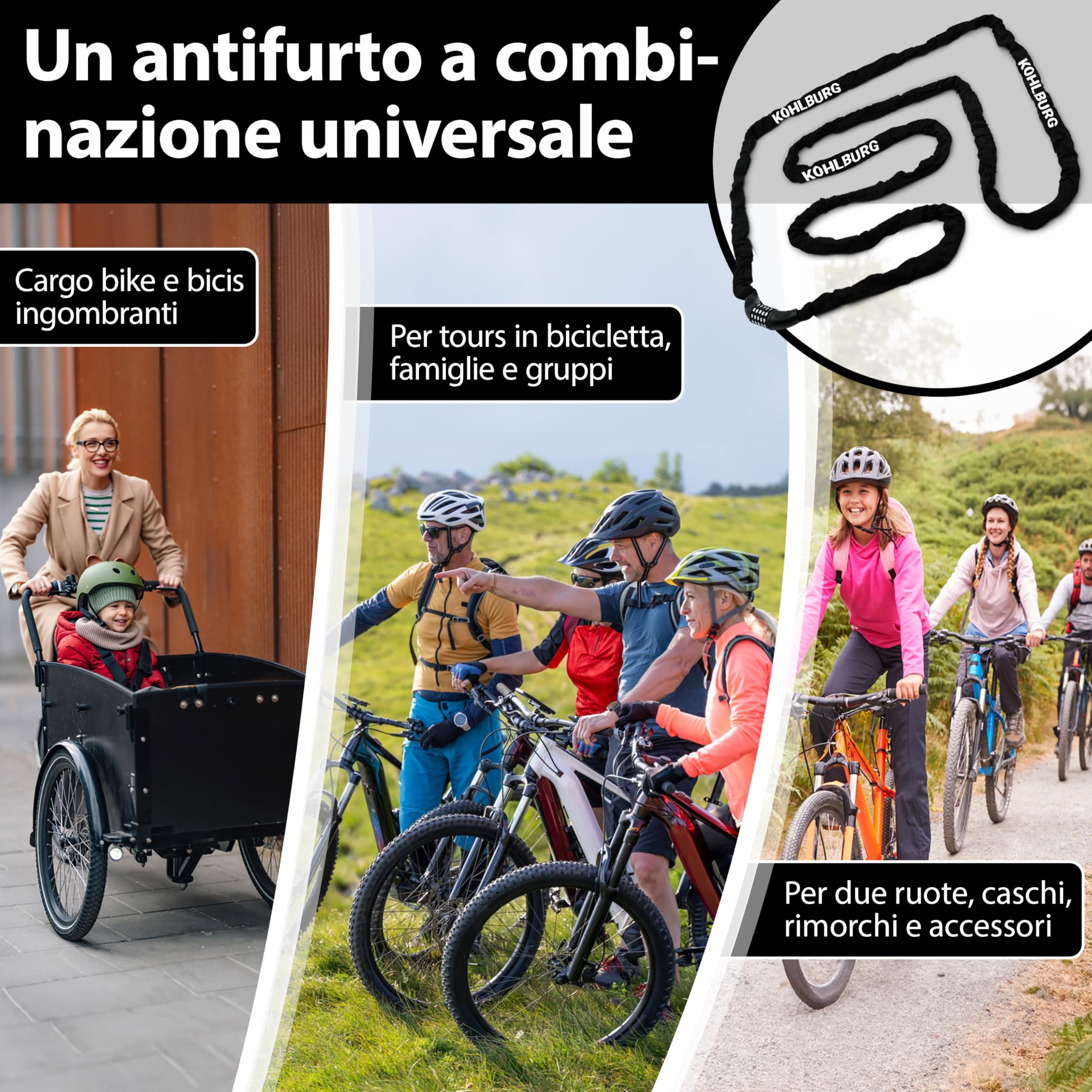 KOHLBURG Catena antifurto 5 m extra lunga con combinazione numerica, 500 cm & acciaio speciale 6 mm con a codice, lucchetto a combinazione 5 m per bici, e-bike, e‑scooter, mobili da giardino, barca