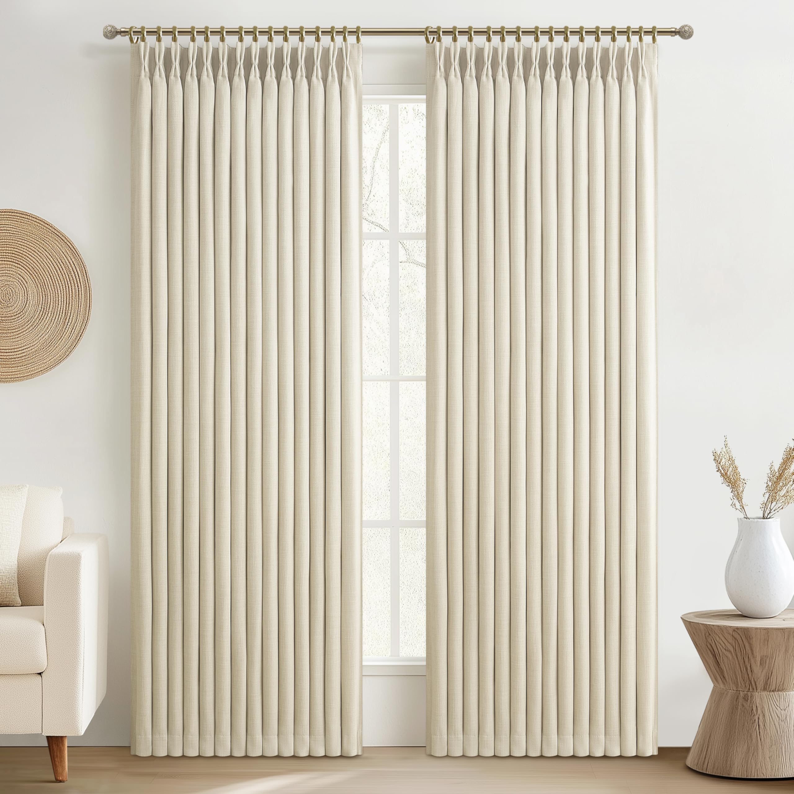 Cream Blackout Pleated Two Layer Linen Curtains 84 Inch Length for Bedroom