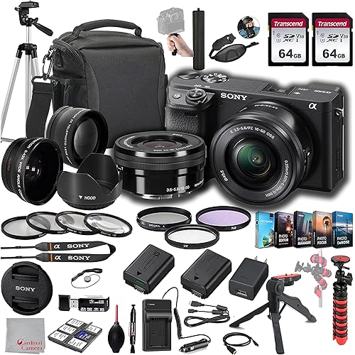 Sony a6400 Mirrorless Camera with 16-50mm Lens, 128GB Memory,.43 Wide Angle & 2X Lenses, Case. Tripod, Filters, Hood, Grip,Spare Battery & Charger, Video & Photo Editing Software Kit -Deluxe Bundle