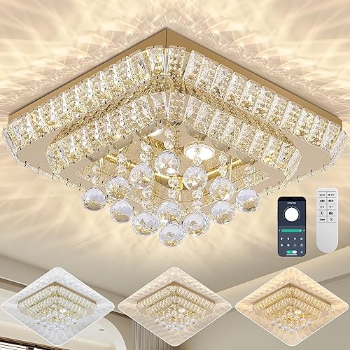 18 inch Crystal Flush Mount Gold Chandelier Remote/APP, Modern Raindrop