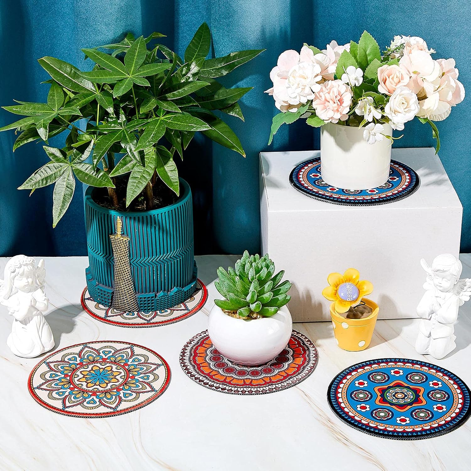 Nuanchu 6 Pieces Boho Plant Coasters 5.9 Inch Rubber Absorbent Non Slip Plant Pot Mats for Gardening Indoor Outdoor Round Bohemian Mandala Decorative Plants Saucers for Table Floor Protection Home
