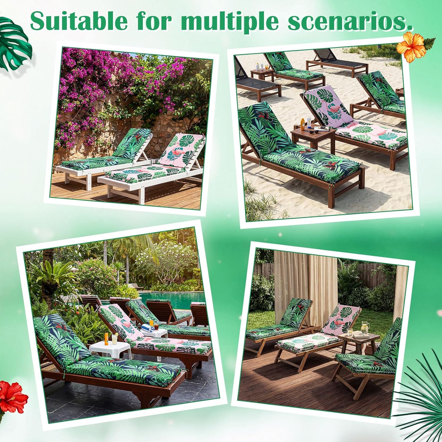 2 Pack Chaise Lounge Cushion Covers Outdoor (Not Includes Cushions) Waterproof Chair Cushion Replacement Covers 72 x 21 x 3 Inch for Patio Pool Lawn Slipcover with Ties(Tropical Rainforest)