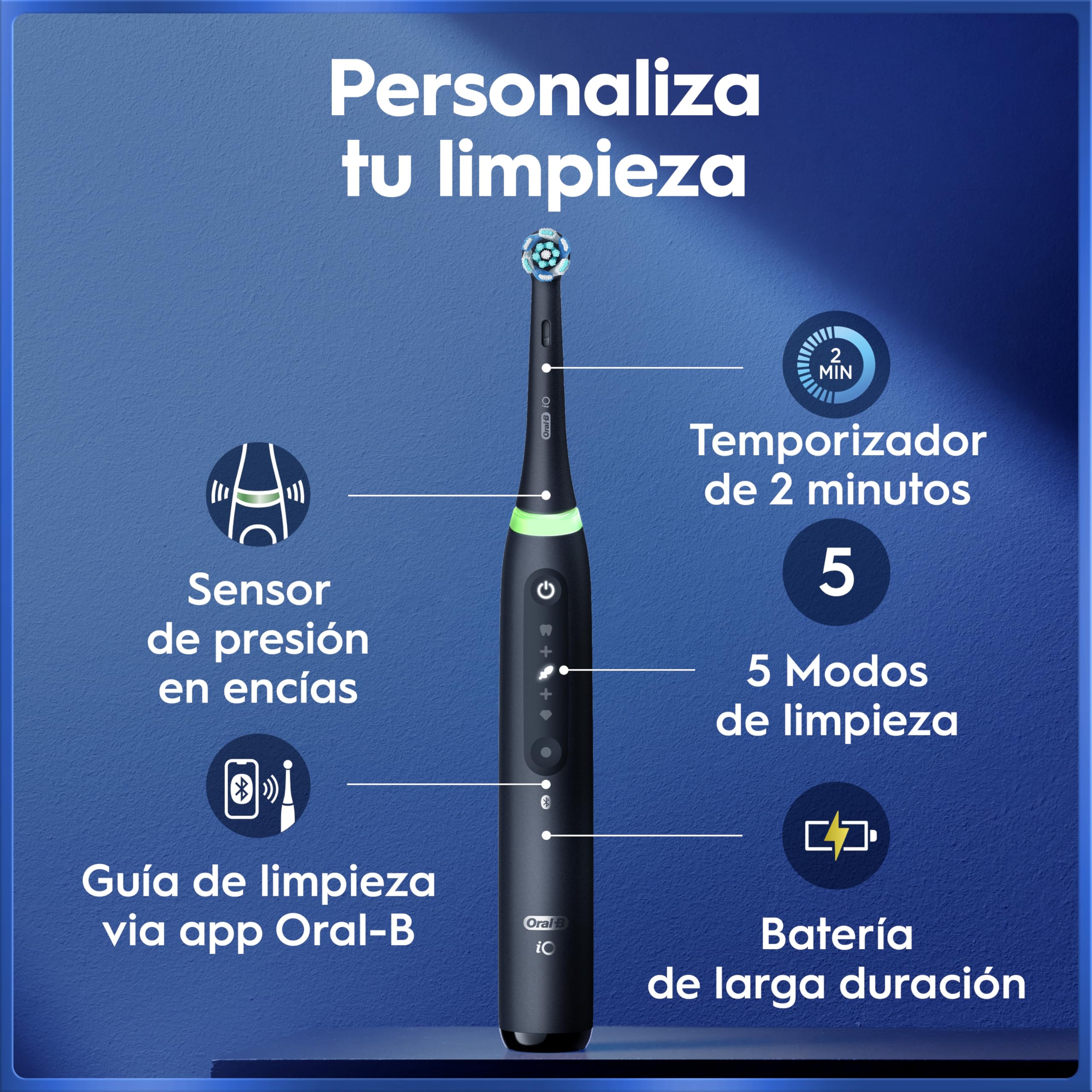 Oral-B iO 5N Cepillo de Dientes Eléctrico con Mango Recargable, 3 Cabezales y Estuche De Viaje, Diseñado por Braun - Negro , El embalaje puede variar