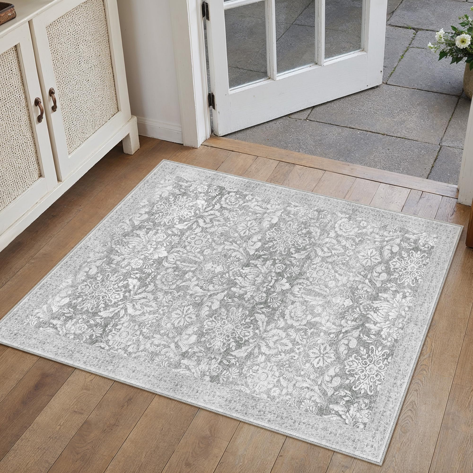 PureCozy 8x10 Area Rug Machine Washable Living Room Bedroom Vintage Distressed Non Slip Carpet Indoor Large Low Plie Thin Beige Dining Room Office Retro Accent Throw Rug: 2' x 3' (Rectangular) Vintage | Gray