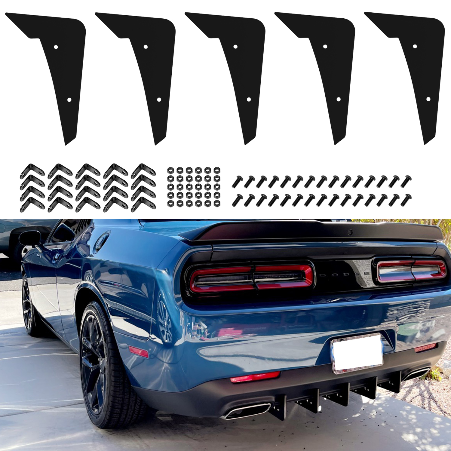 Shark 4-Fin Rear Bumper Diffuser Spoiler Lip – Glossy Black – Fits Dodge Charger RT / SRT Hellcat