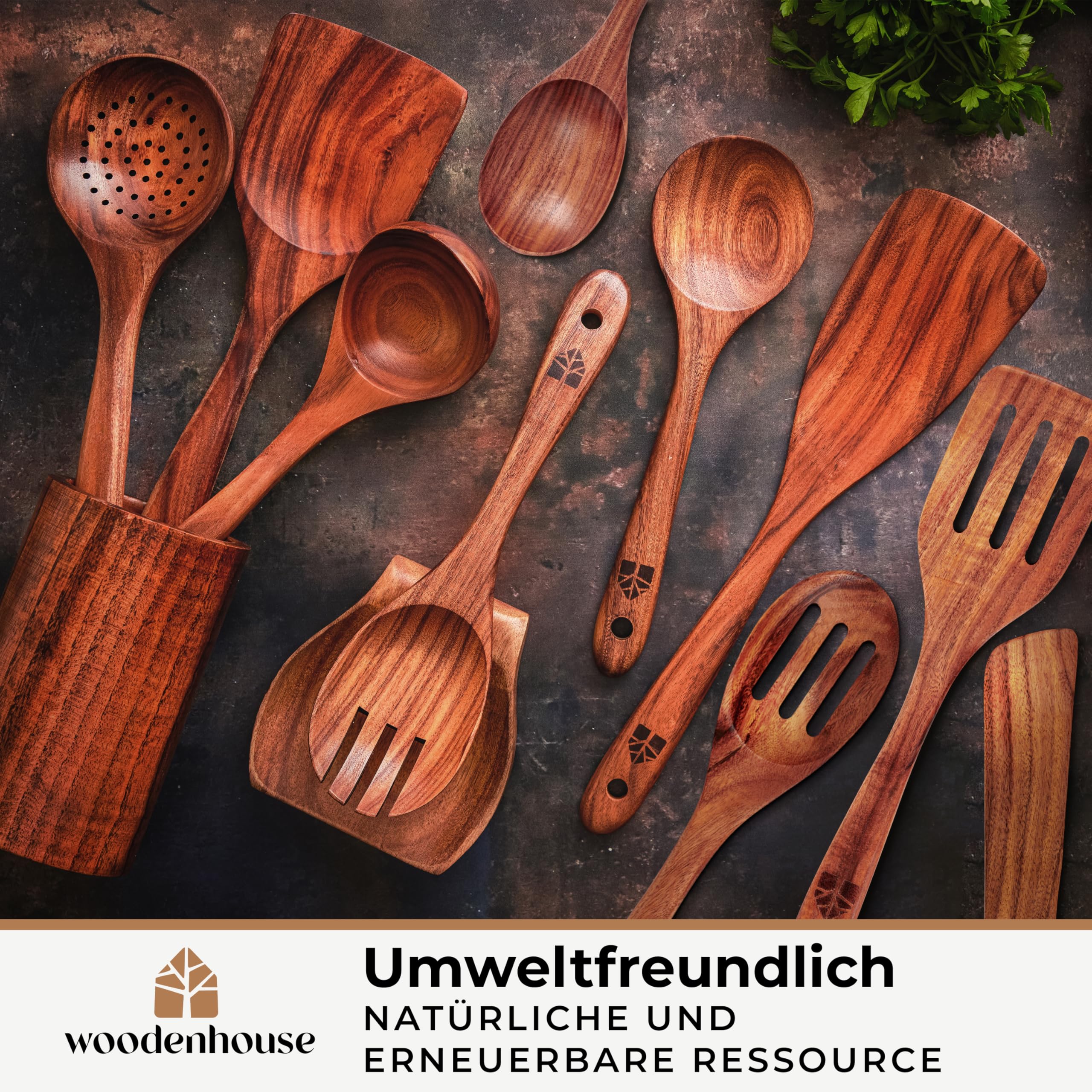 Holz kochlöffel Set 12 Stück aus Teakholz - Robuste Holzlöffel Set mit Halter, Haken und Ablage, Pfannenwender Holz & Kochbesteck - Natürlich & Perfekt für Antihaft, BPA-FREI küchenhelfer
