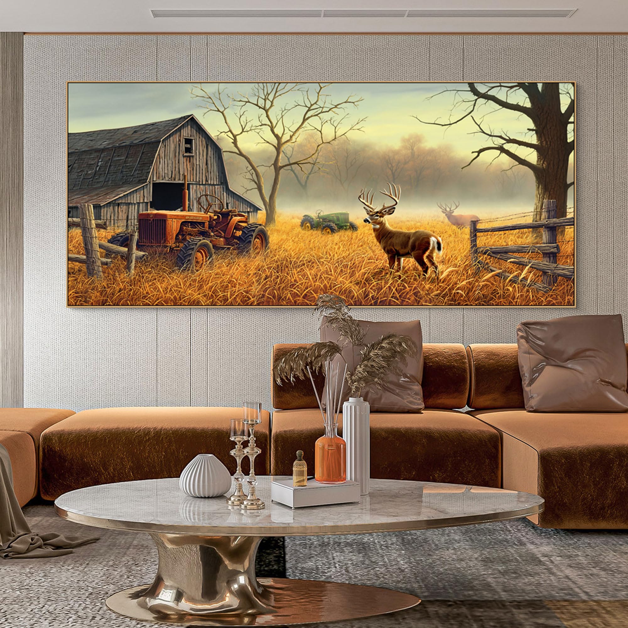 Photo 1 of XLSJERST Extra Large Deer Wall Art for Living Room Canvas Prints Decor Decoration Country Tractor Rustic Wildlife Cabin Hunting Picture Glass Surface Artwork Ready to Hang for Bedroom Home Office - 70x31