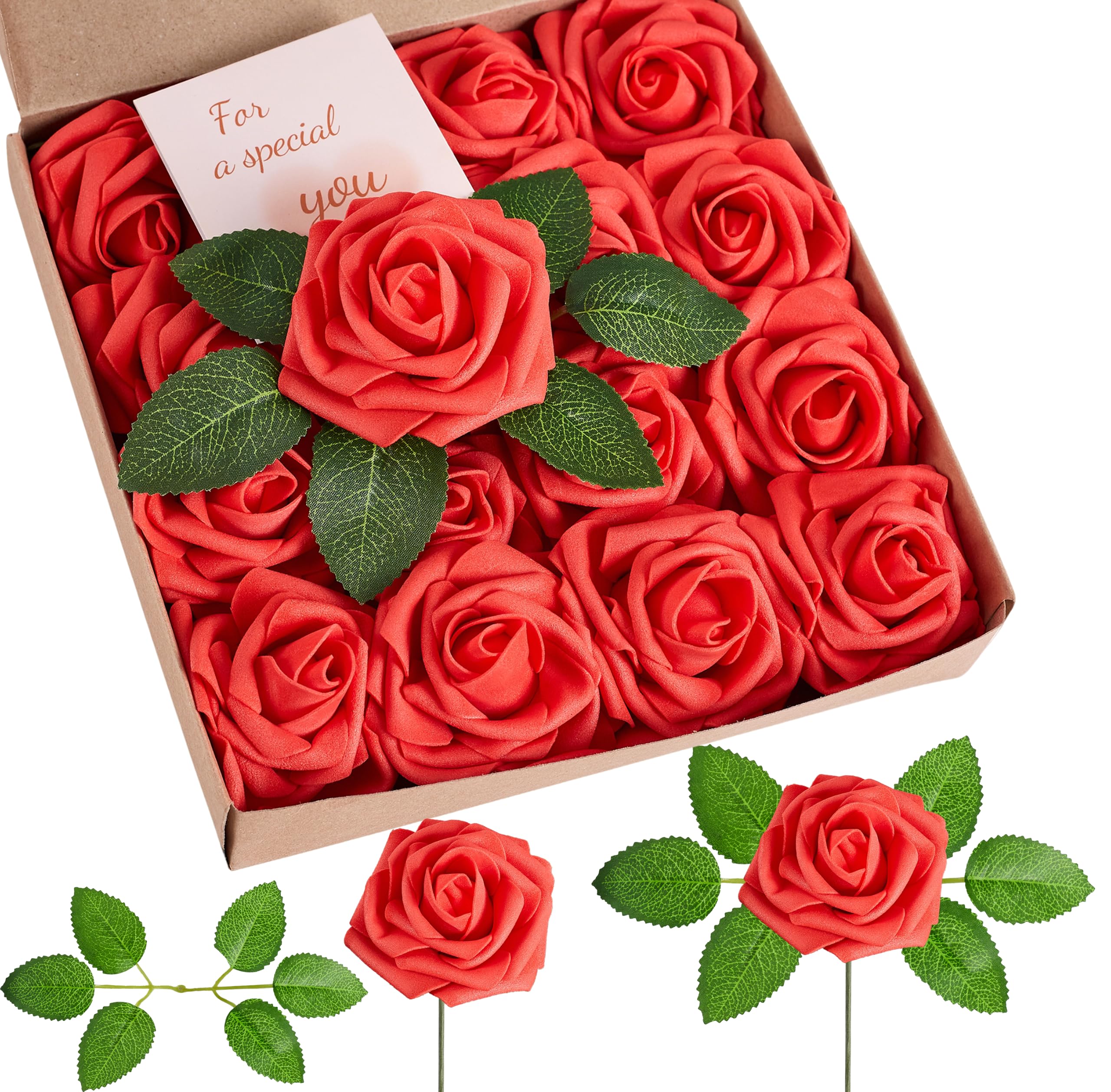 Sahoottie Red Roses Foam Roses Artificial Red Flowers whit Stems 16 Pcs