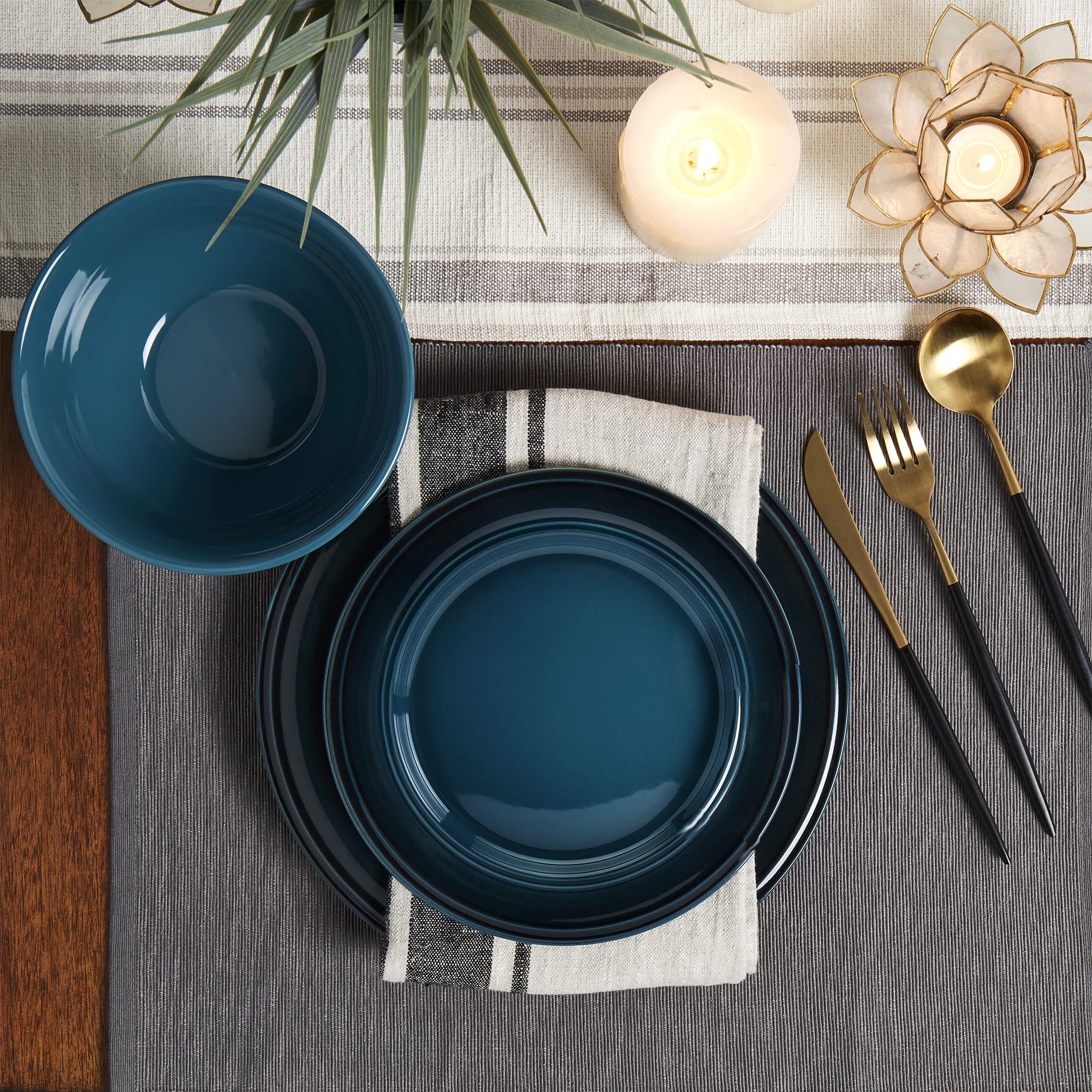 Mason Craft & More Festival Dinnerware Collection- Round Durable Stoneware Bold Colorful Ombre Glaze Plates Bowls, 12 Piece Festival Dinnerware Set in Rich Teal