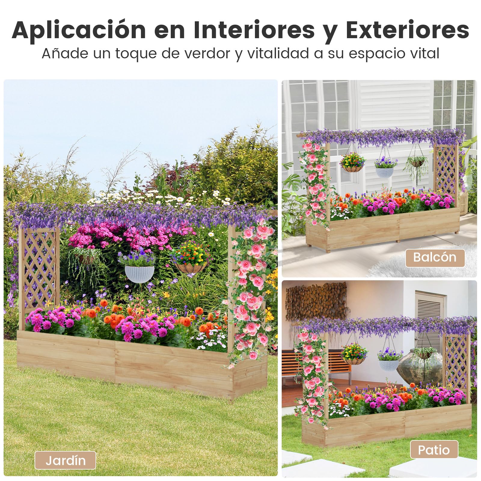 COSTWAY Jardinera Elevado con Enrejado, Techo Colgante, Macetero, Orificios de Drenaje, Contenedor Vertical para Plantas Trepadoras, Macetero de Madera para Jardín Patio (200 x 44 x 114 cm, Natural)