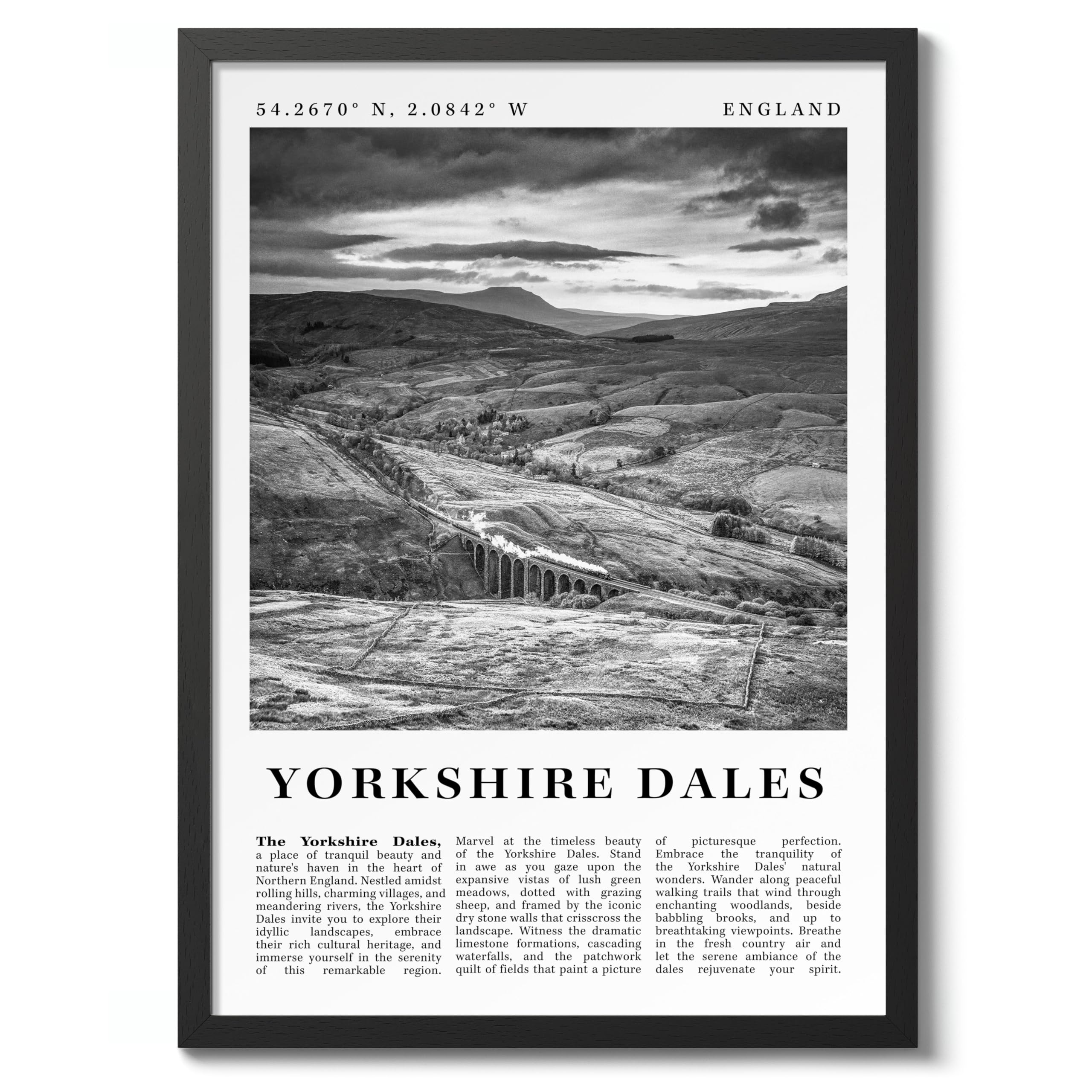 Yorkshire Dales - England England Travel Poster, Black And White Photographic City Destination Print, Britain Picture, Living Room Decor, Archival Matte, A1 (Black Frame) - 84.1x59.4cm