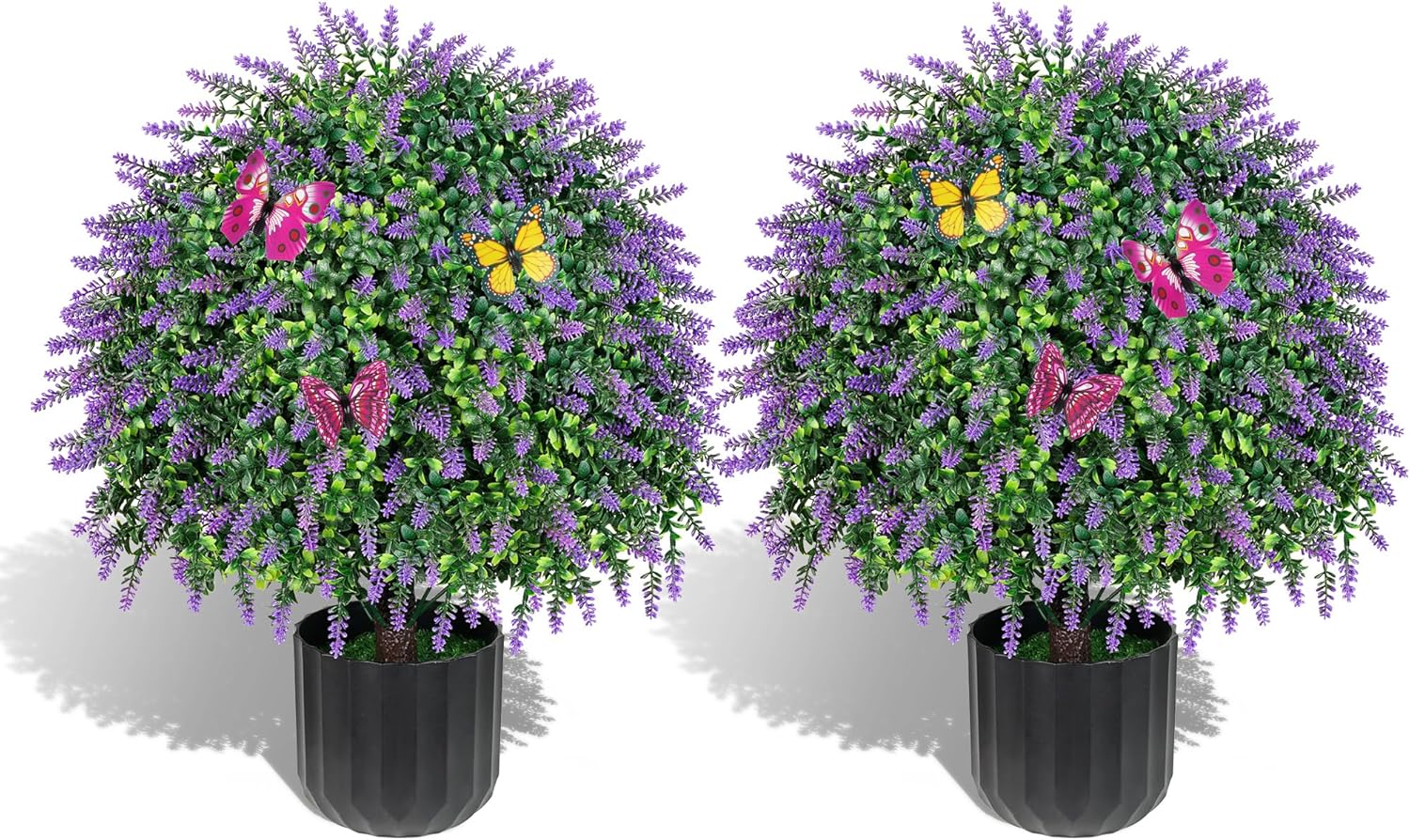 22 inch Artificial Lavender Topiary Ball Trees with Boxwood, Set of UV Resistant 2 Artificial Shrub Bushes Plants, Fake Plants for Home Front Porch Patio Indoor Office Garden Fake Tree Decor-Purple
