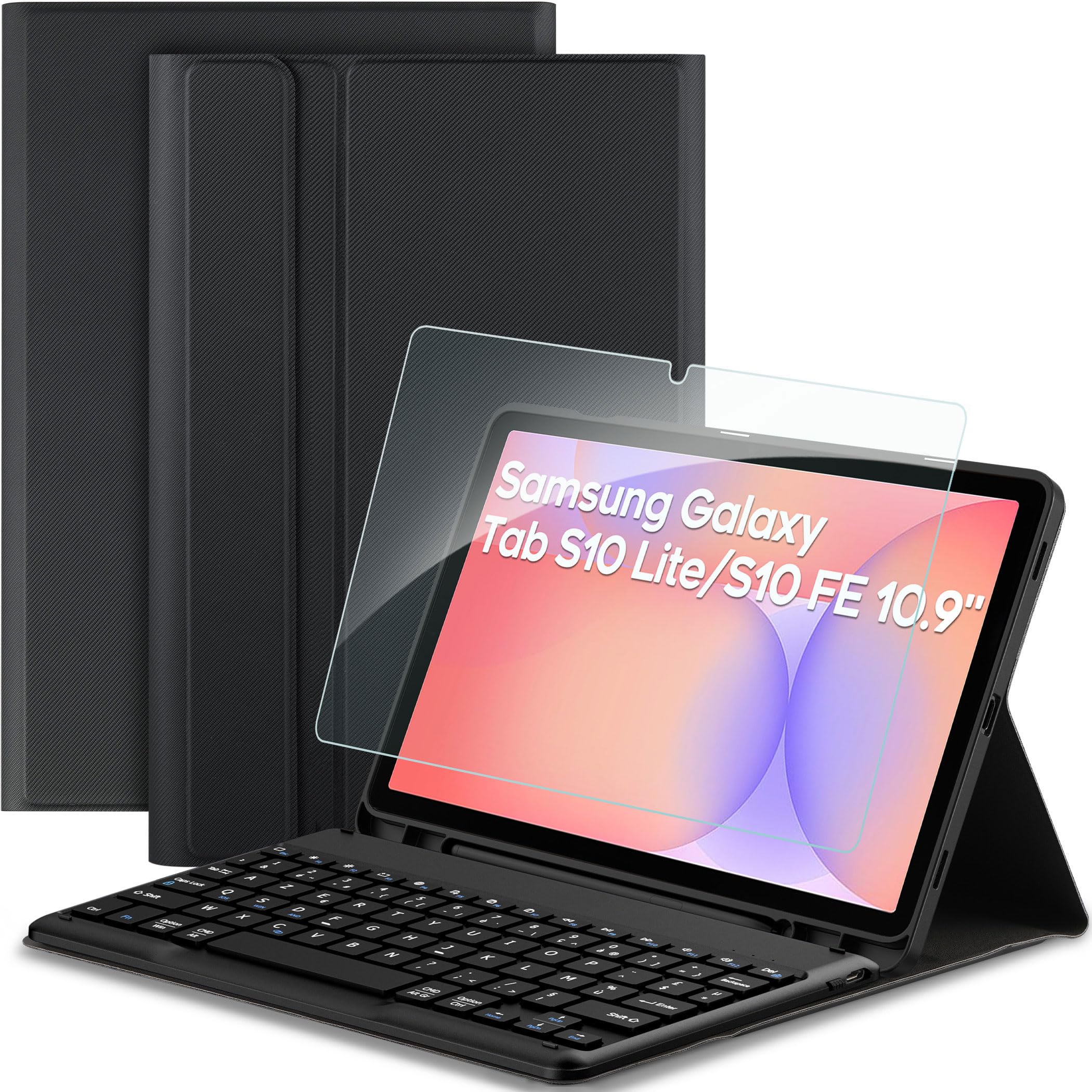 EasyAcc Étui Clavier pour Samsung Galaxy Tab S10 Lite 5G / S10 FE / S9 FE / S9 10.9" / 11" (2025/2023) avec Film de Protection, [AZERTY] Étui de Protection pour Clavier Amovible avec Porte-Stylo, Noir