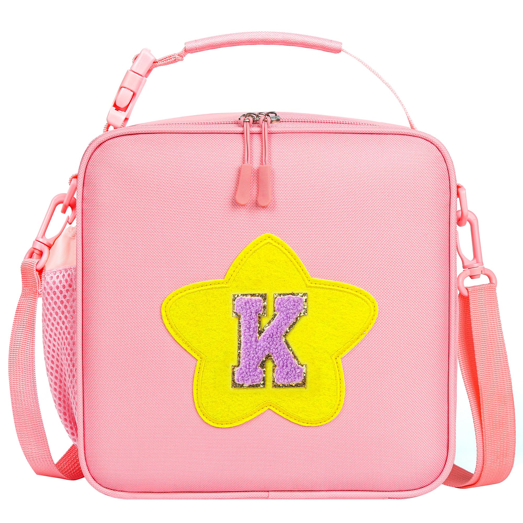 WOBAGMEN Initial Lunch Box for Women Kids Girls,Cute Pink Insulated Lunch Bag with Chenille Letter, Reusable Square Bento Lunch Box for School Office