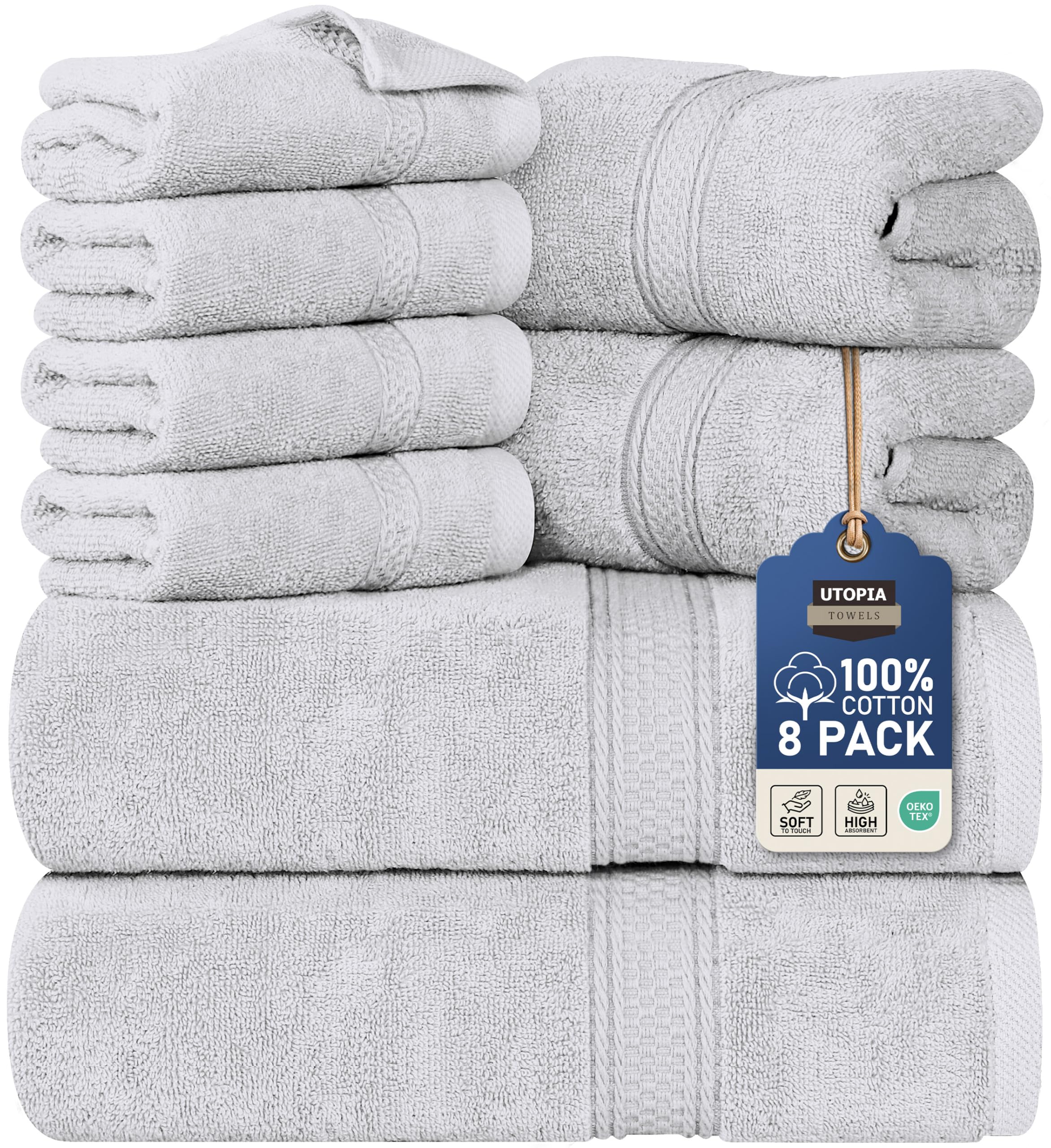 Utopia Towels 8 Piece Premium Towel Set, 2 Bath, 2 Hand, and 4 Wash Cloths, 600 GSM 100% Ring Spun Cotton, Highly Absorbent Towels for Bathroom, Gym, Hotel, and Spa, Silver
