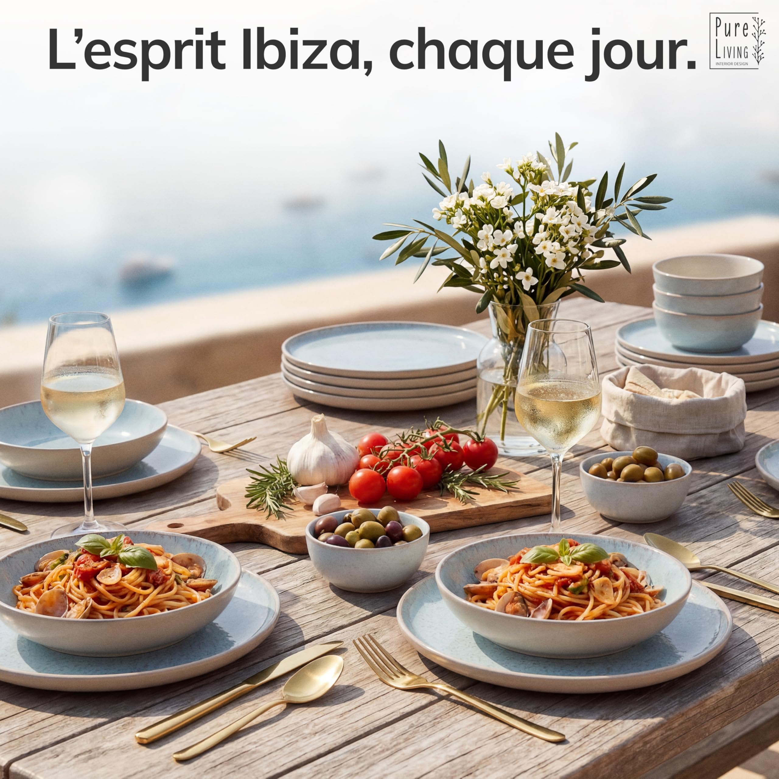 Service de Table Ibiza 24 Pièces: Vaisselle en Grès pour 6 Personnes, Adapté au Lave-Vaisselle et au Micro-Ondes, Pure Living Beige-Bleu