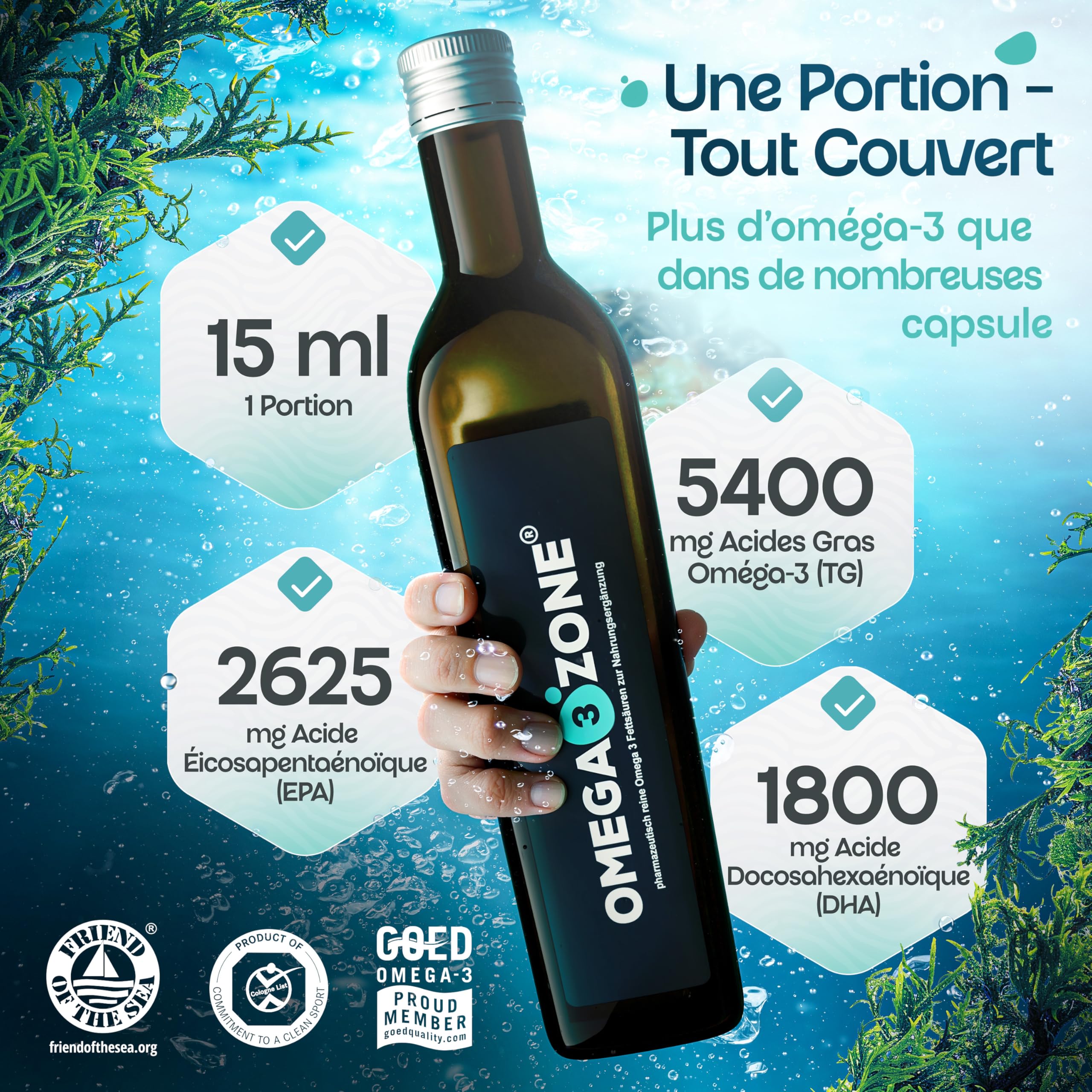 omega3zone Huile de Poisson Omega 3 à haute dose - Omega 3 avec 5400 mg par portion - Huile de poisson premium - Oméga-3 testé en laboratoire, fabriqué en Allemagne - 500 ml (500ml, Citron-Gingembre)
