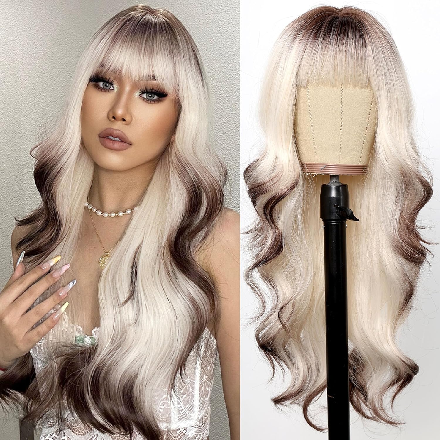 testar Long Platinum Blonde Wavy Wigs For White Women 26 Inch Brown and White Wigs with Bangs Synthetic Blonde Curly Wigs For Daily Party Use Hair Replacement Halloween Wigs