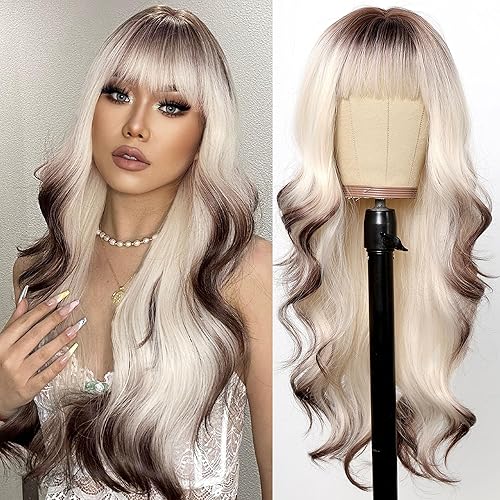 Miniatura 7 de testar Pelucas rubias para mujeres blancas de 22 pulgadas, peluca rubia platino con flequillo, pelucas de repuesto de cabello de aspecto realista,
