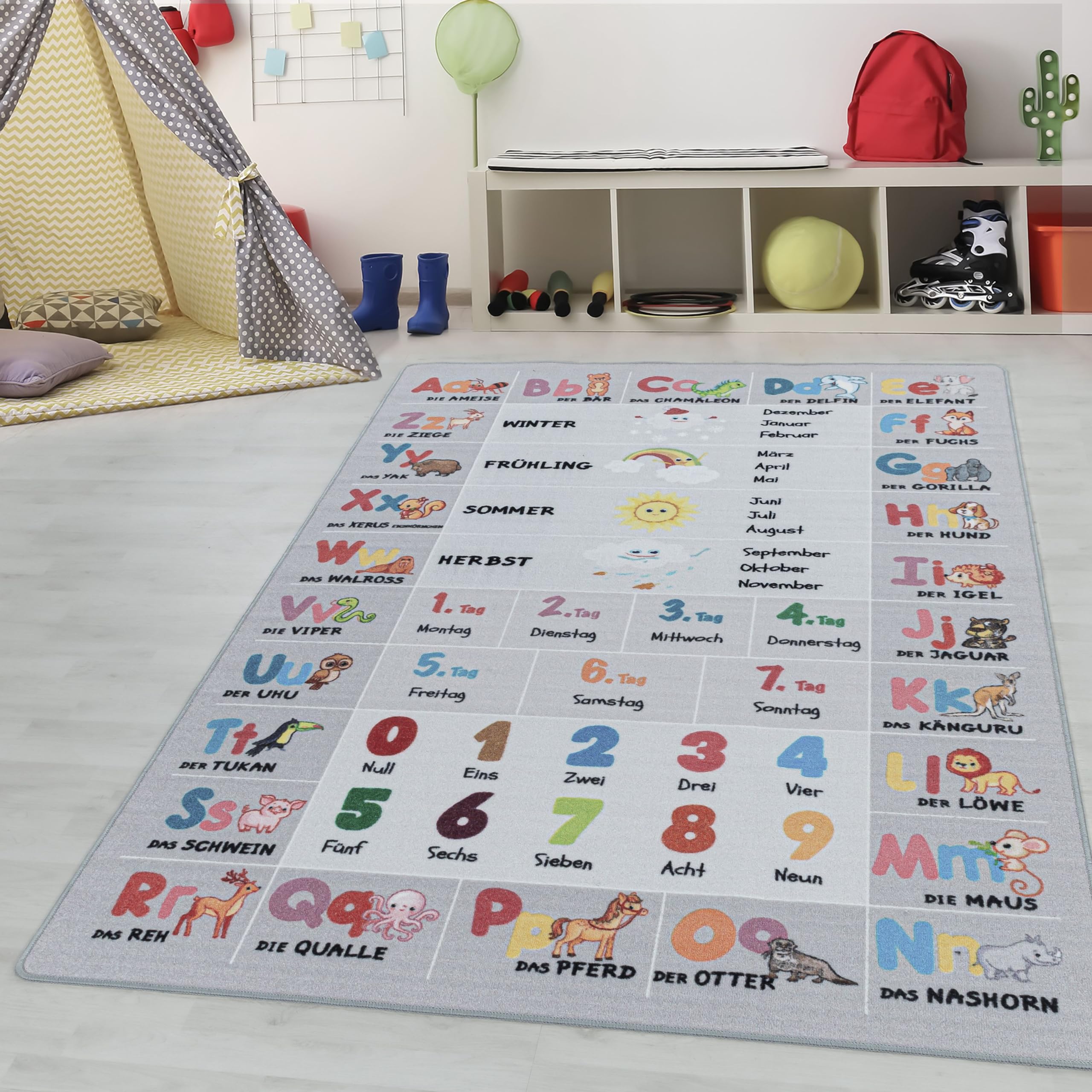 Kinderteppiche für Kinder Alphabet Buchstaben Zahlen Tiere Spielteppich Waschbar Jungen & Mädchen Teppich für Kinderzimmer Babyzimmer Spielzimmer Läufer Teppich in Farbe: Grau, Grösse: 80 x 120 cm