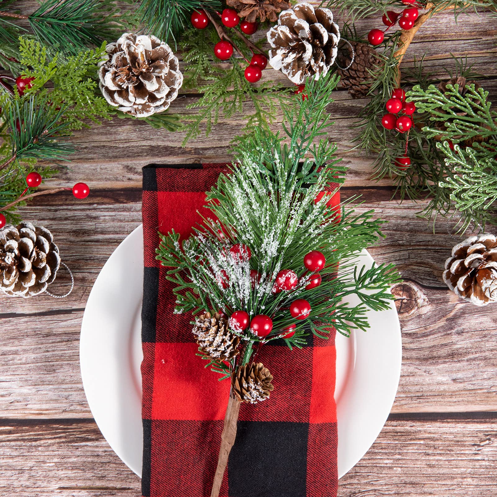 AnyDesign Weihnachtsspieße, künstliche Beeren, Tannenzapfen, Stiele, 4 Stile, künstliche Tannenzapfen, rote Beeren, Stiel, Sprühzweige für Kunst, Handwerk, Kranz, Girlande, Weihnachtsdekoration
