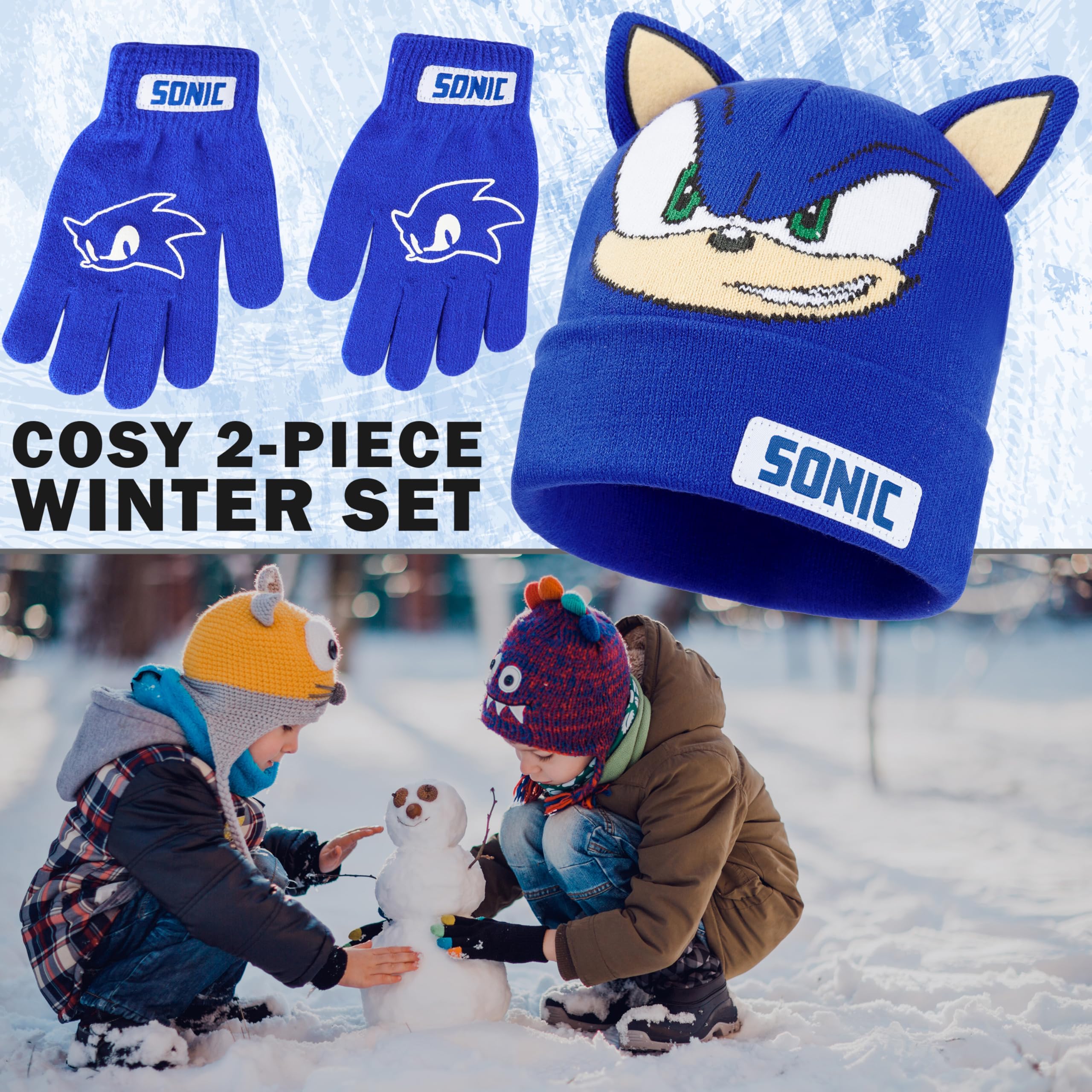 Get Trend SONIC THE HEDGEHOG Gorro y Guantes Niños Invierno, Conjuntos para Niña Niño 4-12 Años con Orejas 3D Bordado, Regalo Gamer