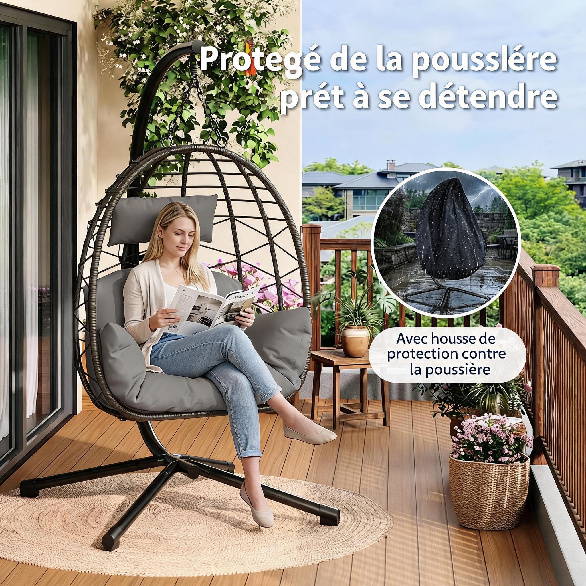 Fauteuil Suspendu Extérieur avec Support, Coussin Épais，Charge 150kg-Gris