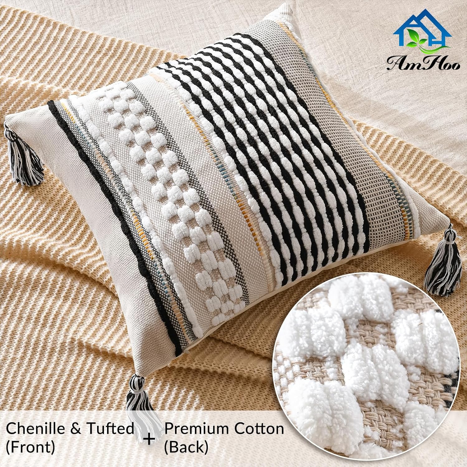 AmHoo Chenille Striped Textured Boho Throw Pillow Covers Aesthetic with Tassels Woven Decorative Pillow Case for Couch Bed Sofa Bedroom Modern Funky 18 x 18-Inch Black - Image 2