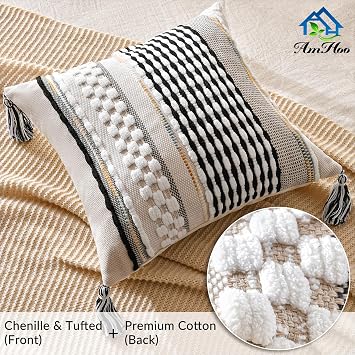AmHoo Chenille Striped Textured Boho Throw Pillow Covers Aesthetic with Tassels Woven Decorative Pillow Case for Couch Bed Sofa Bedroom Modern Funky 18 x 18-Inch Black