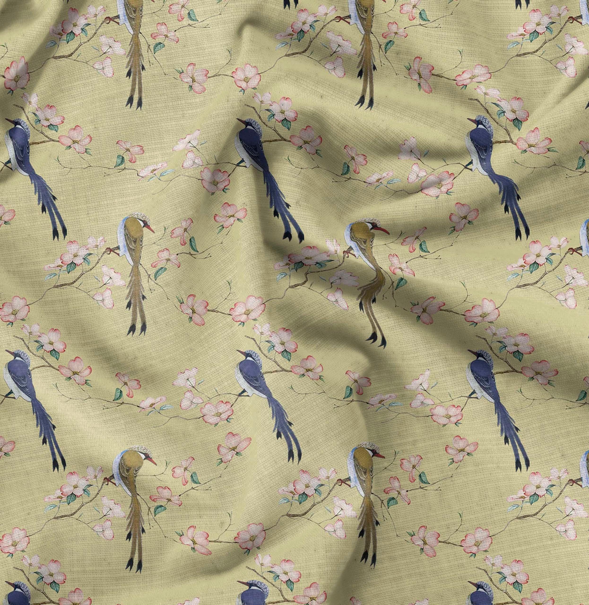 Soimoi Beige Cotton Cambric Fabric Floral & Paradise Whydah Bird Decor Fabric Printed Metre 58 Inch Wide