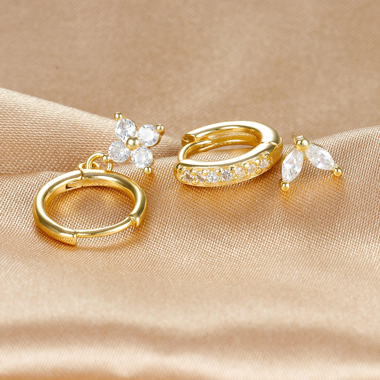 3 Pcs Earring Sets for Multiple Piercing Dainty Gold Earring Stacks 14k Gold Huggie Hoop Earrings Rhinestone Flower Leaf Stud Earrings Cartilage Earrings Hypoallergenic Earring Set for Women Trendy - Image 5