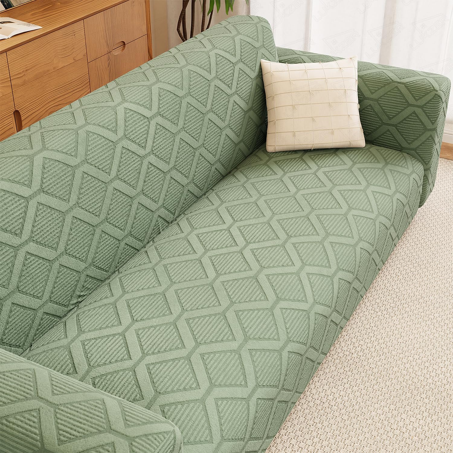 Lukzer 4 Seater Pastel Green Diamond Pattern Sofa Cover | 240 GSM Universal Stretch Fit Jacquard Fabric Couch Protector | Fully Covered Anti Slip & Washable Sofa Cover | (230-300cm/SC-153-04)-image-42