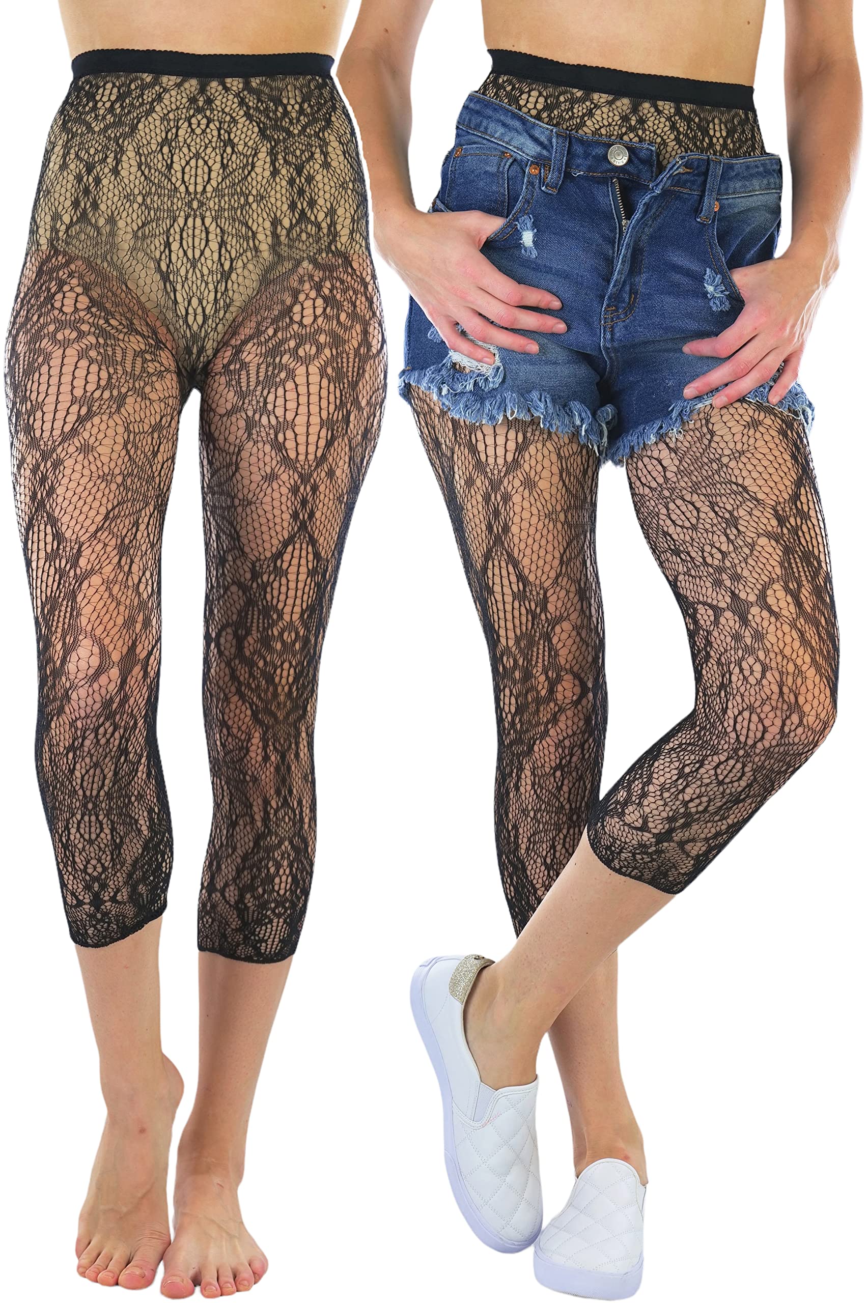 ToBeInStyle Women's Single Floral Lace Fishnet Tights Footless &amp; Stirrup Design